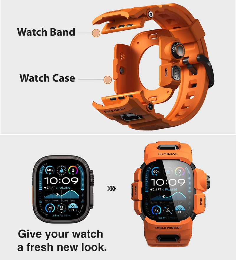 ULTIMAL Rugged Case with Band for Apple Watch 49mm,Compatible with Apple Watch Ultra 3/2/1, Military Grade Shockproof Bumper Cover for iWatch Tactical Band Men (49mm,Orange) Orange