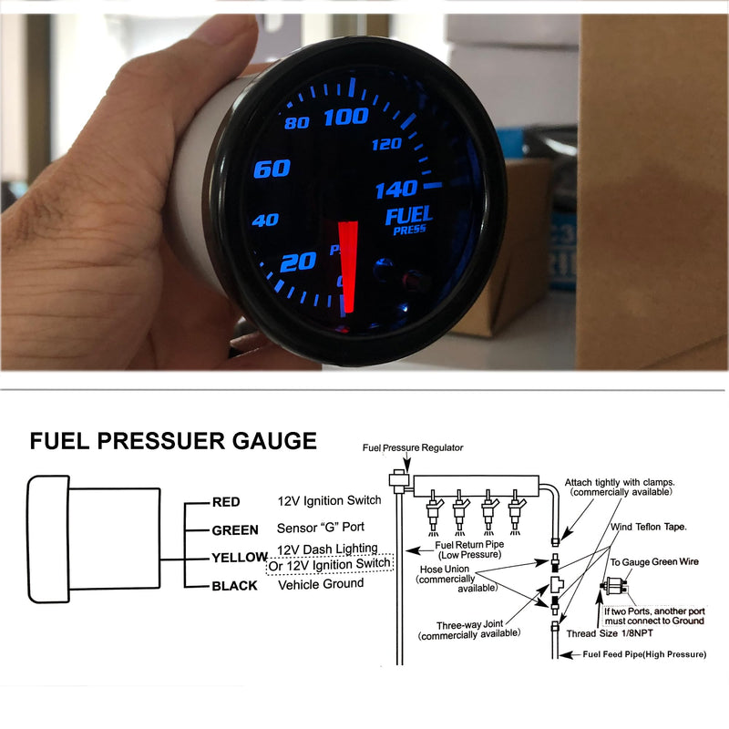 2-1/16" 52mm Fuel Press Gauge Tinted 7 Color 0-140 PSI Fuel Pressure Gauge Kit Includes Electronic Sensor