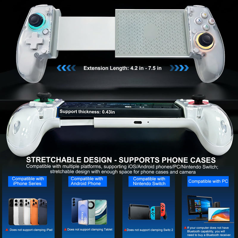 Phone Controller for iPhone 17/16/15/Android/PC/Switch, Wireless Mobile Gaming Controller with 8-Color RGB Lighting, Turbo, Bluetooth Gamepad Joystick Remote Play for PS5/PS4/Xbox/PC, Cloud Gaming