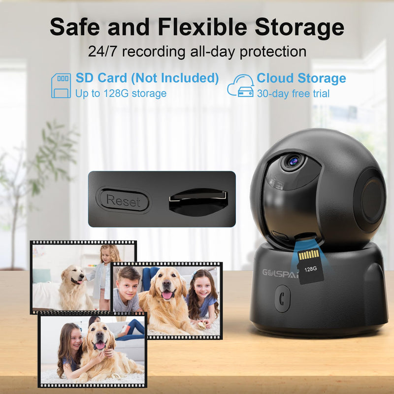 GOLSPARK Dog Pet Camera for Home Security 2K,2.4GHz WiFi Camera Baby Monitor for Room with Motion Tracking Detection Night Vision,Two-Way Audio SD/Cloud Storage Black-2Pack