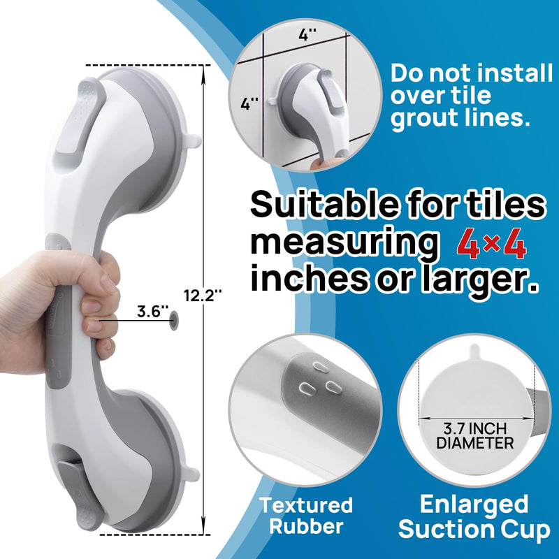 LEVERLOC Grab Bars for Shower 2 Pack Suction Bathtub Safety Rails, Heavy Duty 12 Inch Shower Handle Removable Bath Handrails for Seniors and Elderly, Bathroom Safety Grip No Drilling Waterproof Grey 12.2" 2 Set Gray