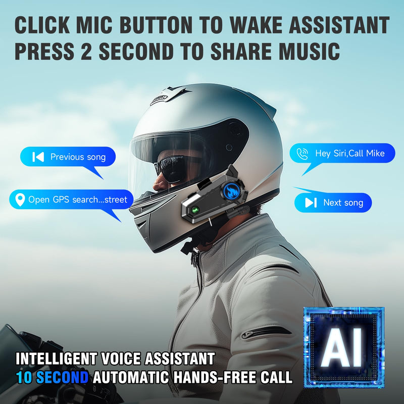 Motorcycle Helmet Bluetooth Headset, Bluetooth Motorcycle Helmet with 2 Type Mics, Intercom/Hands-Free Call/Music/Waterproof/Noise Cancellation/Wake Up Siri, Compatible with All Helmets C9