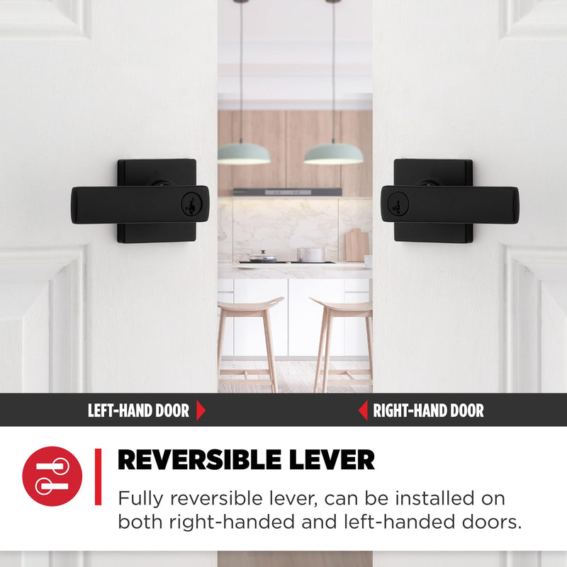 Kwikset Breton Entry Door Handle with Lock and Key, Secure Keyed Reversible Lever Exterior, For Front Entrance and Bedrooms, Matte Black , Pick Resistant Smartkey Rekey Security and Microban 1 Pack Keyed Entry