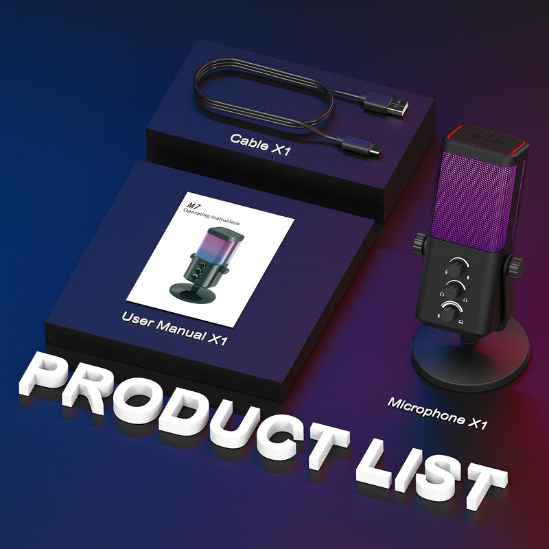 XTUGA M7 Dynamic Microphone for Gaming Streaming with RGB Light,Computer Condenser Mic Noise Reduction Real-Time Monitoring for Podcast,Studio,PC,PS5,Mac,YouTube