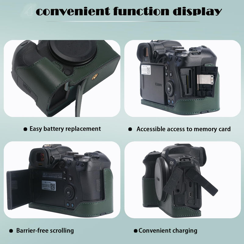 for Canon EOS R6/R6II Camera Case,Handmade Genuine Real Leather Half Camera Case Bag Cover for Canon EOS R6/R6II Camera Bottom Opening Version + Hand Strap (Vintage Green) Vintage green