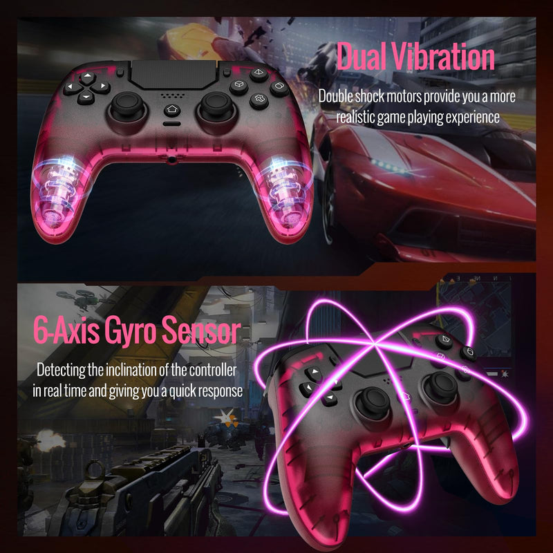 BETMI Wireless Controller for PS-5, Pro/Slim/PC (Black/Hot Pink/Clear) | Hall Effect Joystick & Trigger/Macro/Turbo/RGB Light/3.5mm TRRS Audio Jack/Speaker/Mic/Mute Button/6-Axis Gyro/Dual Vibration