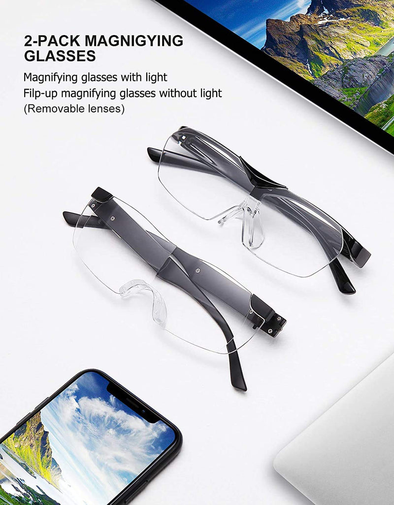 SKYWAY 160% Magnifying Glasses with LED Light, Rechargeable Lighted Magnifier Eyeglasses for Reading Small Prints Labels, Close Work, Needlepoint Sewing Crafts Hobbies Hands Free 2-Pack 1.6X