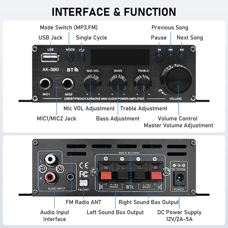Stereo Amplifier Home Audio Receiver AK-390,AMP Speaker Bluetooth 5.0 Amplifier 400W+400W 2 Channels with 12V/5A Power Amplifier HiFi Amplifier FM Radio,(BT,USB, AUX, Mic)Input for Home Party