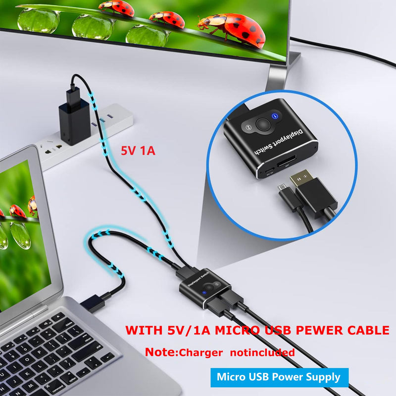 Bidirectional DisplayPort 1.2 Switch 2 in 1 Out,4K@120Hz/60Hz DP Selector Switcher Box with Micro USB Power Cable,2 Port DP Monitor Switch for PC,Laptop,Gaming Console,Monitor TV,Projector.
