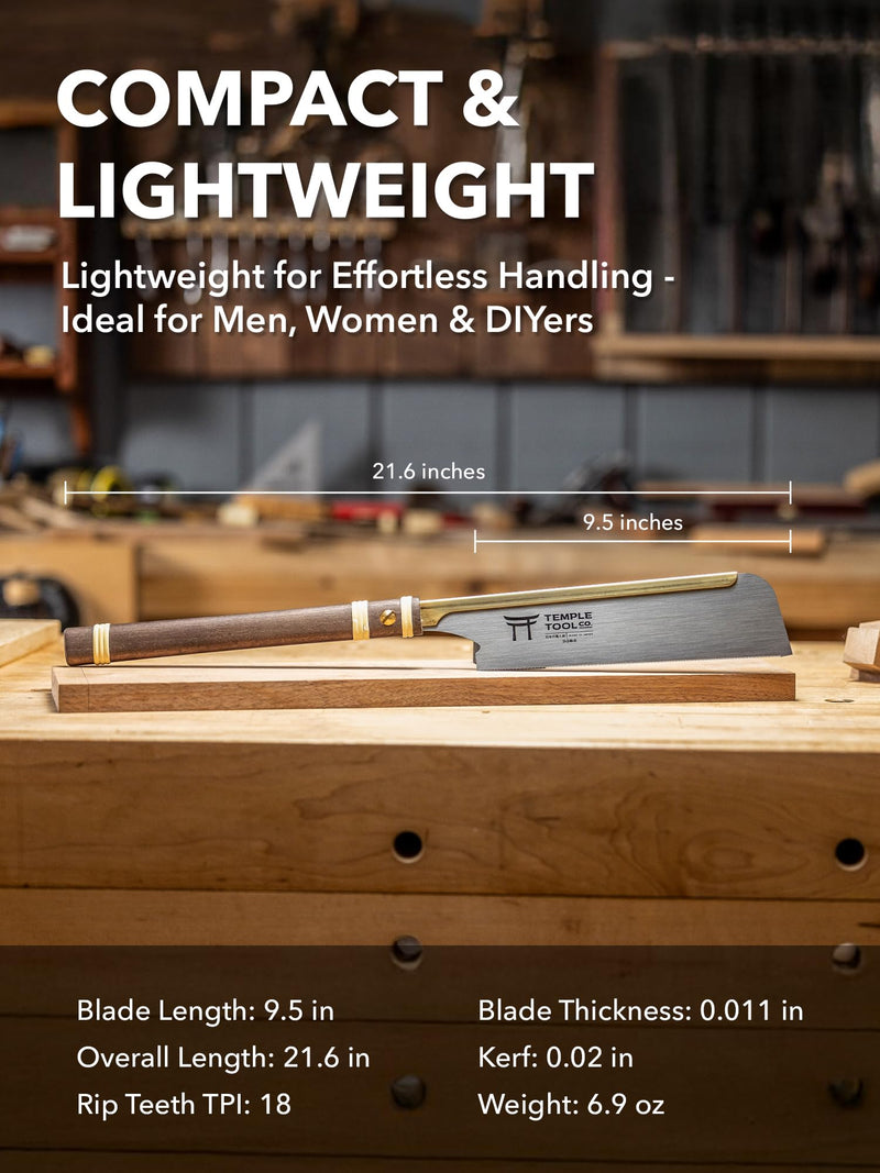 Temple Tool Co. Japanese Pull Saw - Rip-Cut 9.5 - Hand Saw for Dovetails, Tenons, Fine Joinery Dozuki Rip-Cut