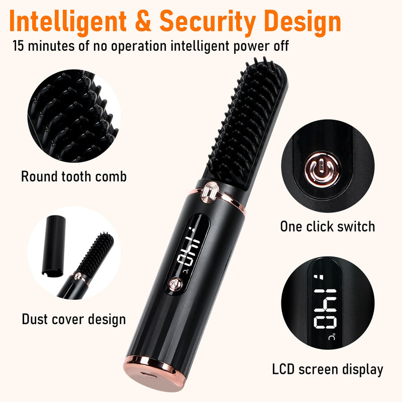 Cordless Hair Straightener Brush, Portable Hot Comb Hair Straightener Negative Ion Hair Straighteners Comb for Women 4 Temperature Beard Straightener Brush USB Rechargeable Anti-Scald Auto-Off（Black）