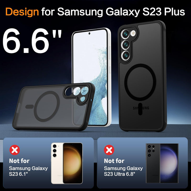 for Samsung Galaxy S23 Plus Case, [Compatible with Magsafe] [Screen Protector] Matte Translucent Slim Shockproof Case Military Grade Protection Phone Cover 6.6-inch, Black