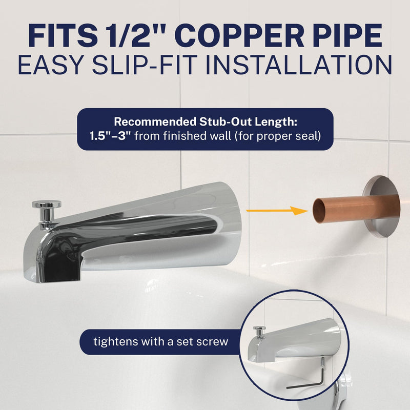 HammerHead Showers Solid Metal Tub Spout with Diverter, Slip On Bath Tub Spout for ½” Copper Pipe, Easy Install Bathtub Faucet, Chrome
