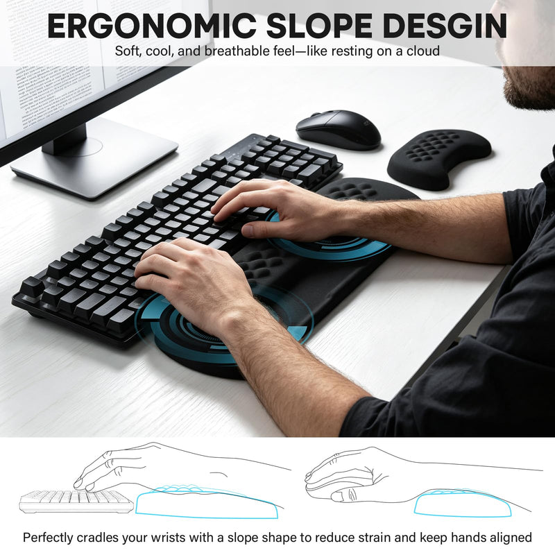 JIKIOU Wrist Rest for Keyboard and Mouse, Soft Memory Foam Wrist Rest Black | Massage Design, Non-Slip PU Base, Built-In Phone Holder & Storage Slot, Ergonomic Slope Design for Easy Typing, Pain Relief