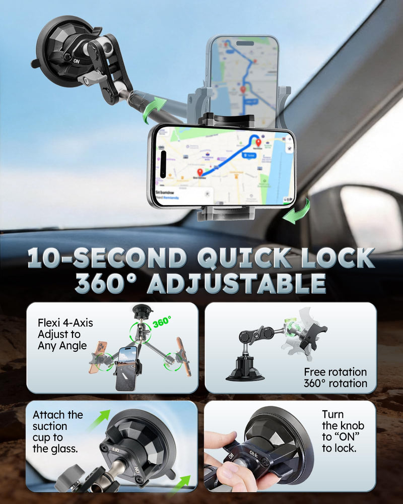 Semi Truck Phone Mount for Drivers, 360° Anti-Shake with Extension Rod | Class 8 Cab Suction Mount, Ultra-durable Metal, Fits Most Smartphones or Kenworth, Peterbilt, Freightliner Extended black