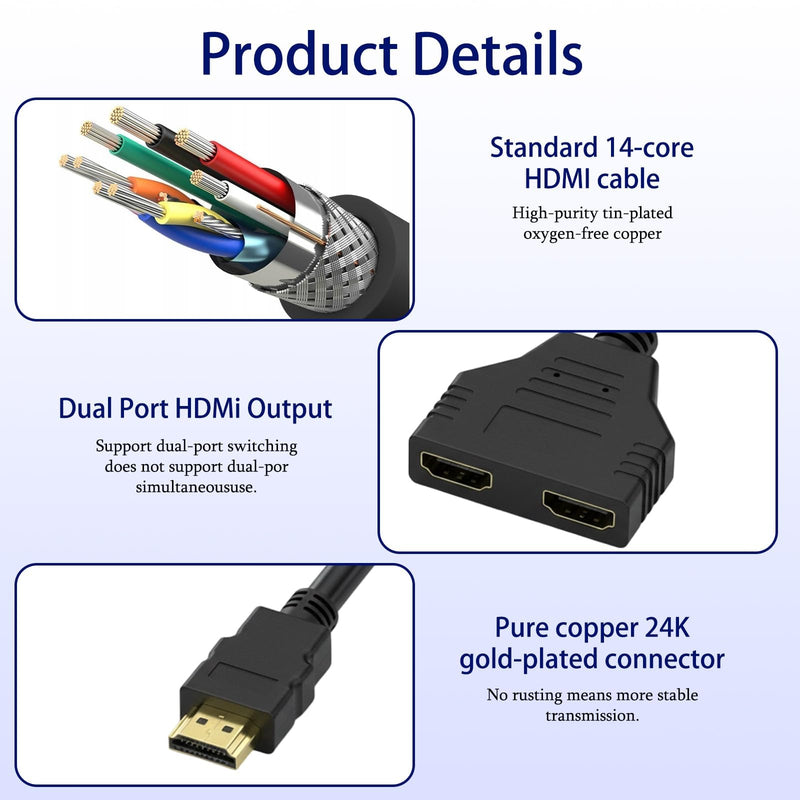 Dual HDMI Adapter for 2 Monitors, HDMI Splitters 1 in 2 Out, Male to Double Female HDMIs Adapter for TV LCD DVD HDTV Player Projector Dual Monitors, HDMI Splitters 1 in 2 Out