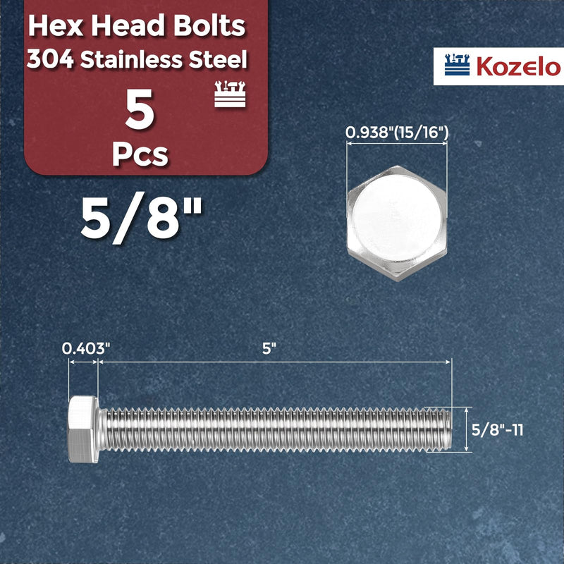 5 Pcs Hex Head Screws Bolts - [5/8"-11x5] 304 Stainless Steel Grade A2-70 Fully Threaded Hex Tap Hexagon Head Machine Bolts Right Hand External Hex Drive, Silver Tone 5/8"-11x5"