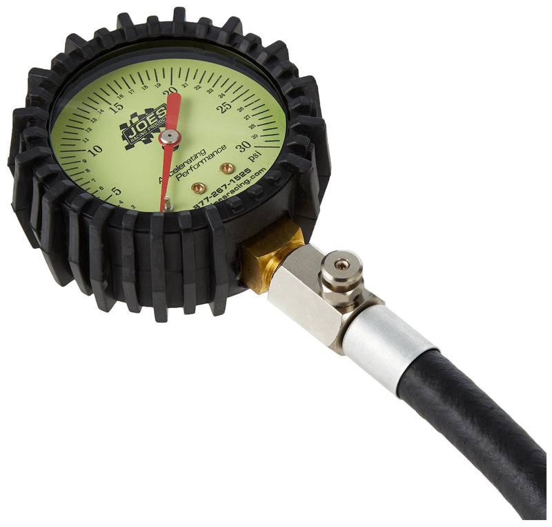 Joes Racing Products Tire Pressure Gauge, Glow in The Dark, 0-30 psi, Analog, 2-1/2 in Diameter, White Face, 1 lb Increments, Each