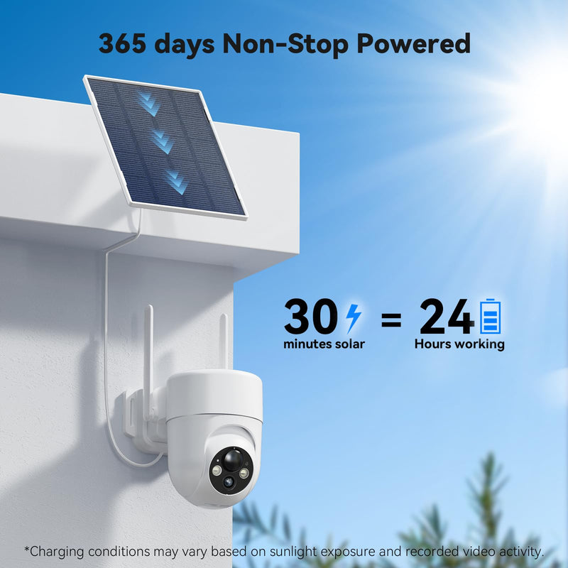 Solar Camera Outdoor Wireless, 2K Color Night Vision, Security Cameras Wireless Outdoor with 360°View, Battery Powered, 2.4GHz WiFi, Instant Alerts, IP65 White 2K-1Pack