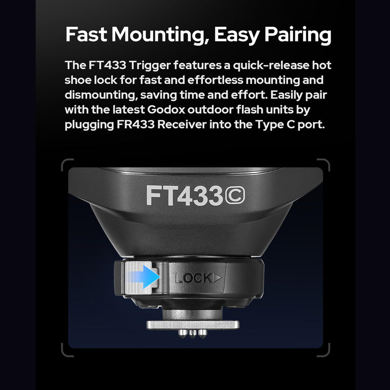 GODOX FT433-S HSS TTL Wireless Flash Trigger for Sony Camera,433 MHz Signal Control,TCM Switch,Hot Shoe,Single-Contact, Rapid-Fire