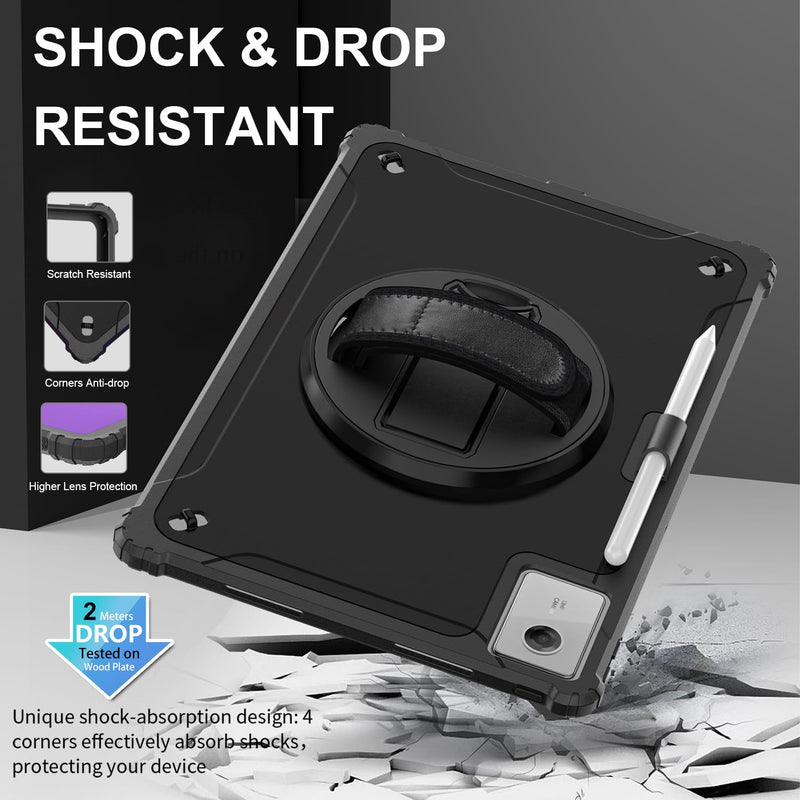 ZenRich Rugged Case for Lenovo Idea Tab Plus /K12 12.1 inch | Slim TPU Protective Case with 360 Rotating Kickstand & Hand Strap & Shoulder Belt 2025 Release Black 12.1-in