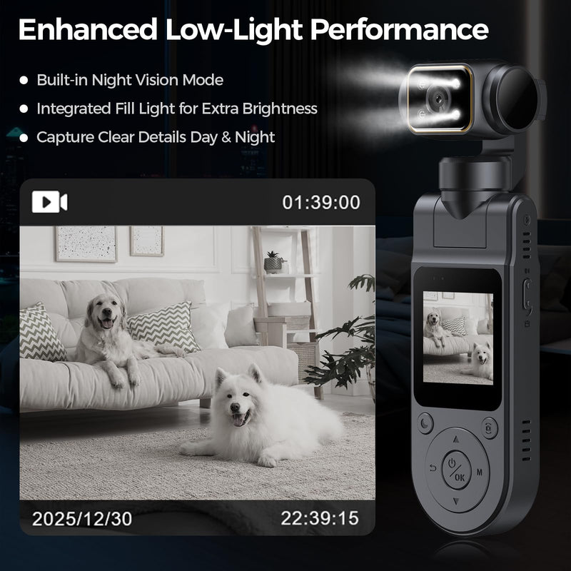 Pocket Vlogging Camera WiFi, 1080P Clip-On Mini Body Cam, Handheld Camera | POV Camera with Rotatable Lens, Night Vision, Fill Light, 1.54'' Screen, Portable Personal Camera for Travel/Sports/Working Black & 0GB