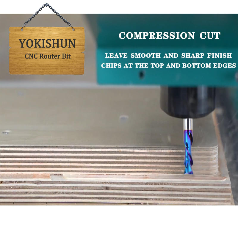 3/8 inch Shank Compression CNC Router Bits Carbide Spiral End Mill Up&Down Cut with Nano Blue Coated for Grooving Slots and Mortises 1