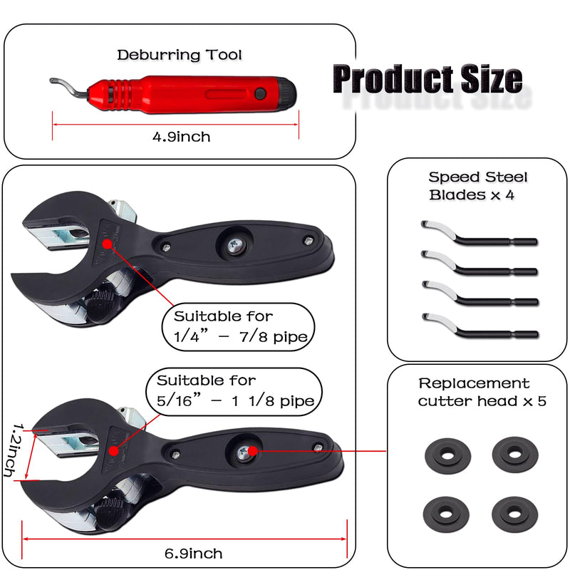 2PCS Ratcheting Tubing Cutters, Tubing Cutter 1/4" To 7/8" & 5/16" To 1 1/8", 2 in 1-360° Close Quarters Tube Compact Cutter with Deburring Tool, Pex Cutter Tool for Cutting Copper and Metal Pipes.