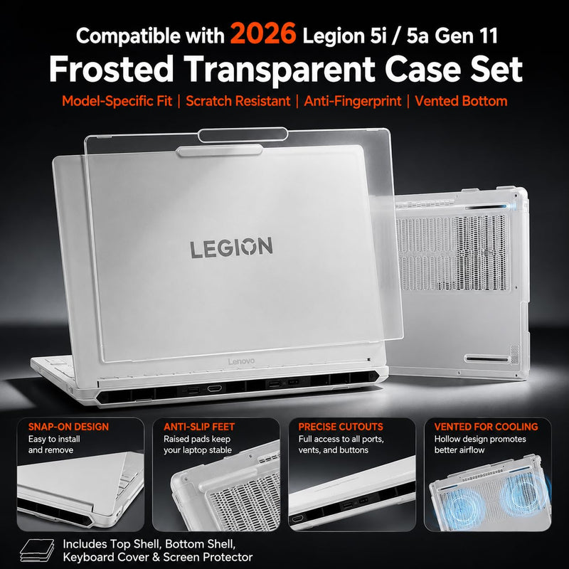 IMMOENUC Case Set Compatible with 2026 Lenovo Legion 5i/5a Gen 11 15-Inch | Matte PC shell, vented bottom, anti-fingerprint finish, keyboard cover and screen protector included