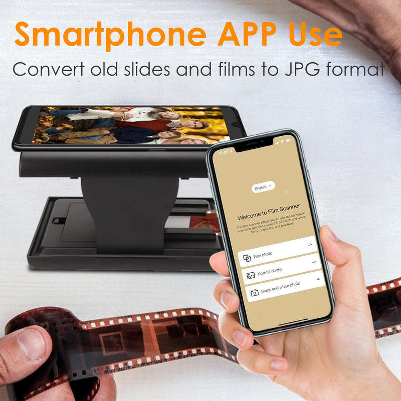 Mobile Film Scanner, 35mm Foldable Slide and Negative Scanner for Old Slides to Smartphone JPG, Built in LED Backlight, Support App Editing and Sharing