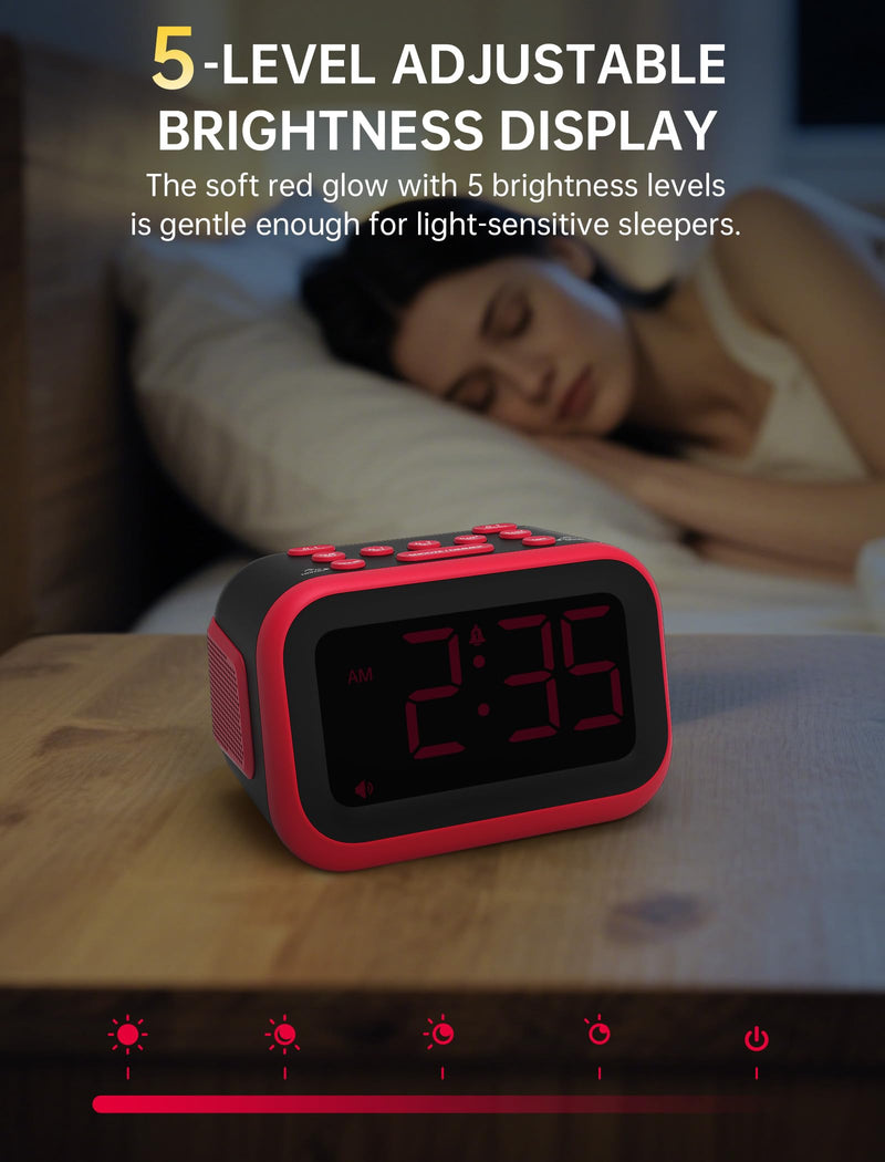 Loud Alarm Clock for Heavy Sleepers: 115dB Dual Alarms with 6 Unique Sounds for Bedroom Dorm Room Use - On-Time Wake Up for Teen College Students - Red Red - Red Digits