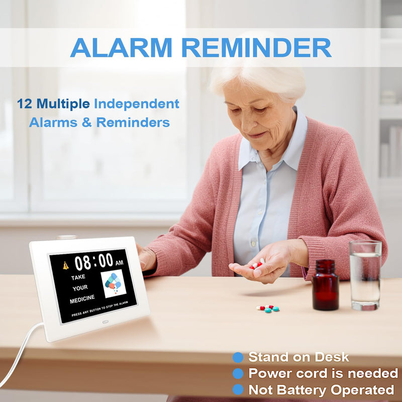 【New 2026】 Digital Calendar Alarm Day Clock - with 8" Large Screen Display, am pm, Multiple Alarms, for Impaired Vision People, The Aged Seniors, The Dementia, for Desk, Wall Mounted, White 8''