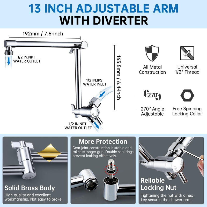G-Promise Metal 13 Inch Shower Head Extension Arm with Diverter, Handheld Holder Included, G1/2 Universal Thread Rain Shower Arm, Brass Adjustable Extender with 3-Way Diverter, Chrome