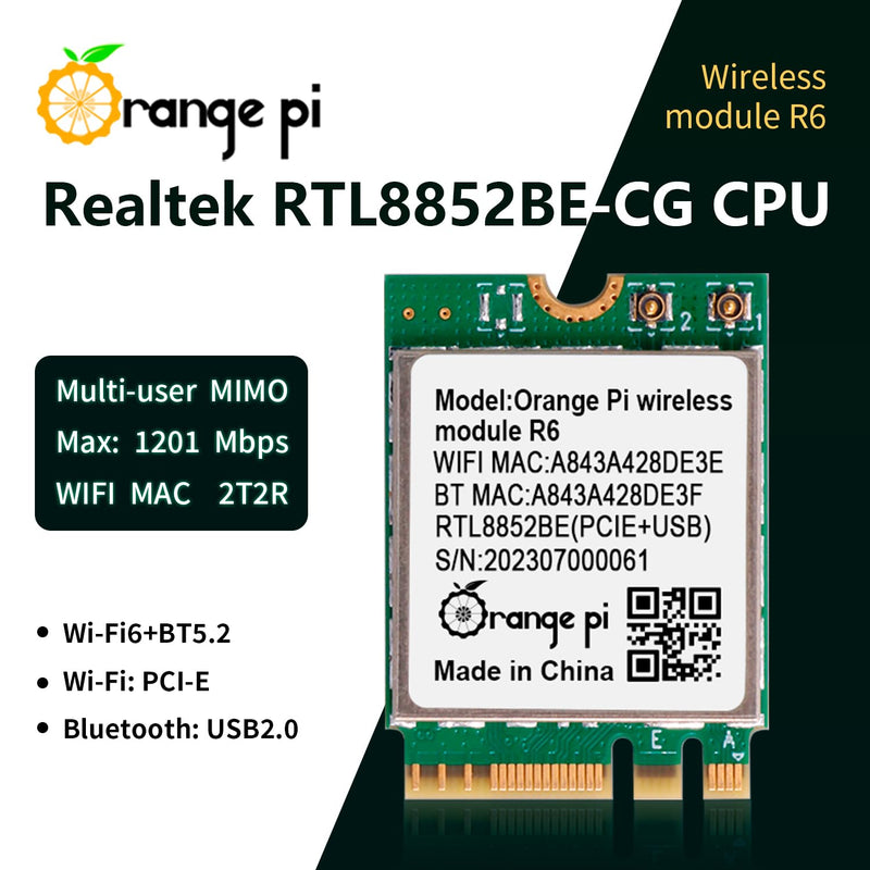 Orange Pi 5 Plus WiFi 6 Module Wireless Card 1201Mbps PCIe Wi-Fi6+BT5.2, Wireless Module R6 Support WiFi Bluetooth Compatible with Orange Pi 5 Plus Singble Board Computers
