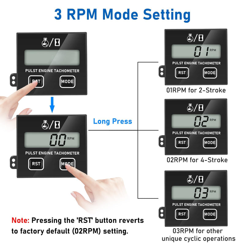 Linkstyle Small Engine Tachometer, Digital Tachometer Tach Gauge Reset Function Equipped with Clip, Inductive Hour Meter for 2 Stroke 4 Stroke Small Engine for Cropper Generator Lawn Mower RV Black+RST+MODE