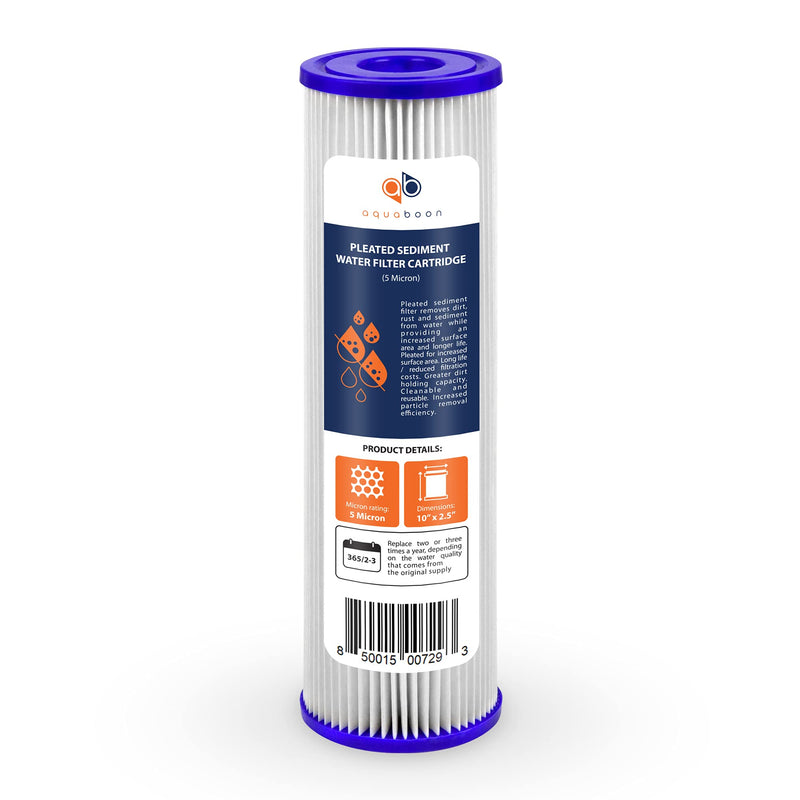 Aquaboon 5 Micron 10x2.5 Whole House Pleated Sediment Filter Cartridge for Well Water Filter Replacement Compatible with WFPFC3002, WHKF-WHPL, 6-Pack