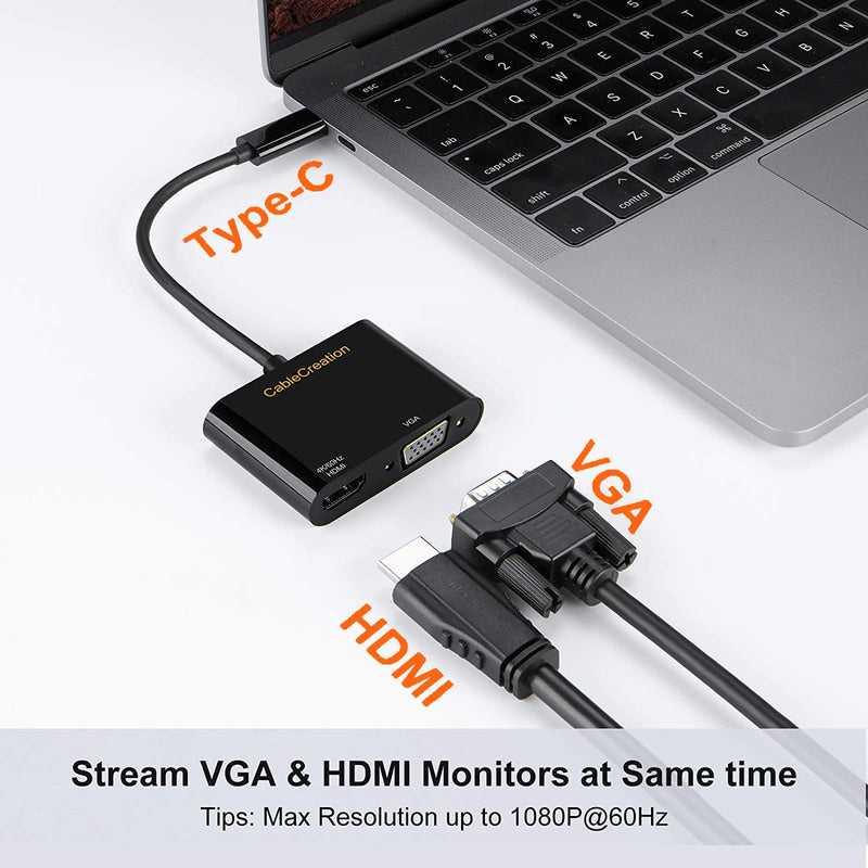 CableCreation USB C to HDMI VGA Adapter4K@60Hz, VGA to USBC-C Adapter, USB-C VGA Multiport Adapter Compatible with iPhone 15 Plus/15 Pro Max, Galaxy S22 Ultra, iPad Pro 2020, Chromebook, Surface Pro Black 4K@60Hz 1