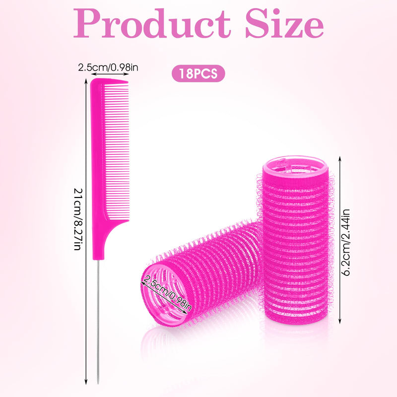  [AUSTRALIA] - 18Pcs Self Grip Hair Rollers with Small Comb Heatless Curler Pro Salon DIY Hairdressing Curlers Tools for Long Medium Short Hair Rose Red