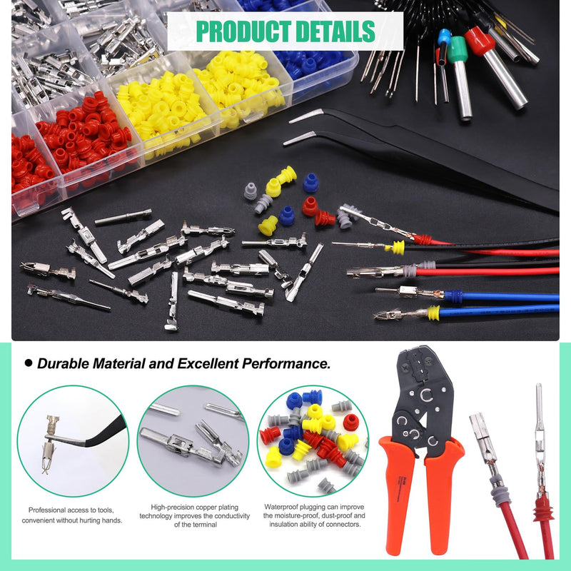 Twidec/755Pcs 21Type Car Electrical Wire Terminal 1/1.5/1.8/2.2/2.8/3.5mm Connector Pins Terminal Auto Electric Connector Non-Insulated Plug Removal Male Female Crimp Pins with Crimping Pliers 755PCS+Crimping Pliers