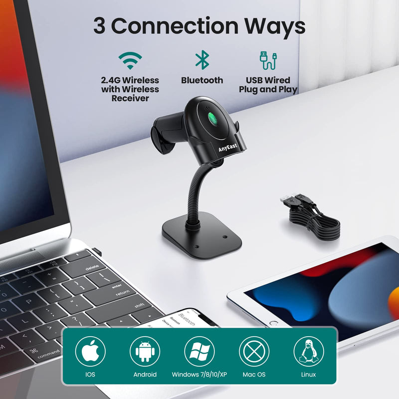 Barcode Scanner with Stand, Bluetooth and Wireless Barcode Scanner, Inventory 2D 1D QR Code Scanners for Computer POS, Handheld CMOS Image Bar Code Reader for Warehouse Library Supermarket Gray