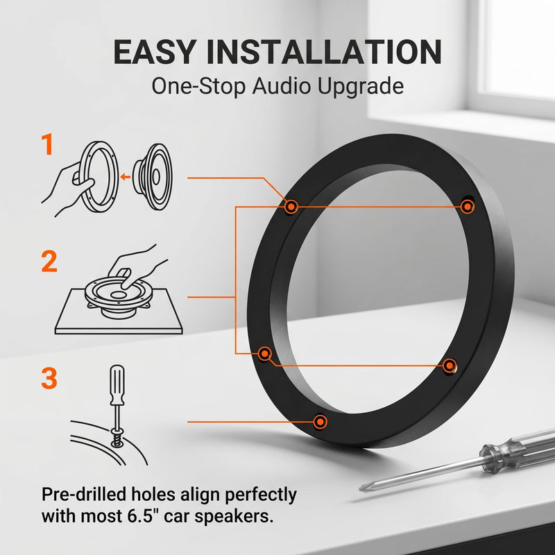 2 PCS Car Speaker Spacers, 6.5" Plastic Speaker Mounting Ring for Enhanced Sound Quality, Anti-vibration Door Baffle Gasket, Modified Accessory for Most Cars SUVs Trucks (Black)