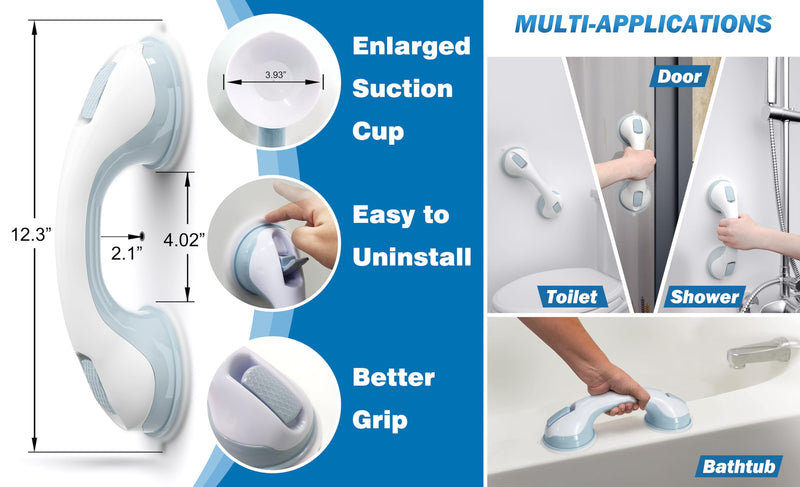 AirTight® Grab Bars for Shower Heavy-Duty (2Pack) 12.3-Inch ADA Compliant Grab Bar for Seniors Shower Handles for Elderly Suction Handicap Safety Handrail for Bathroom Bathtubs Toilet Tiles Glass 12 Inch (Pack of 2) White Blue2