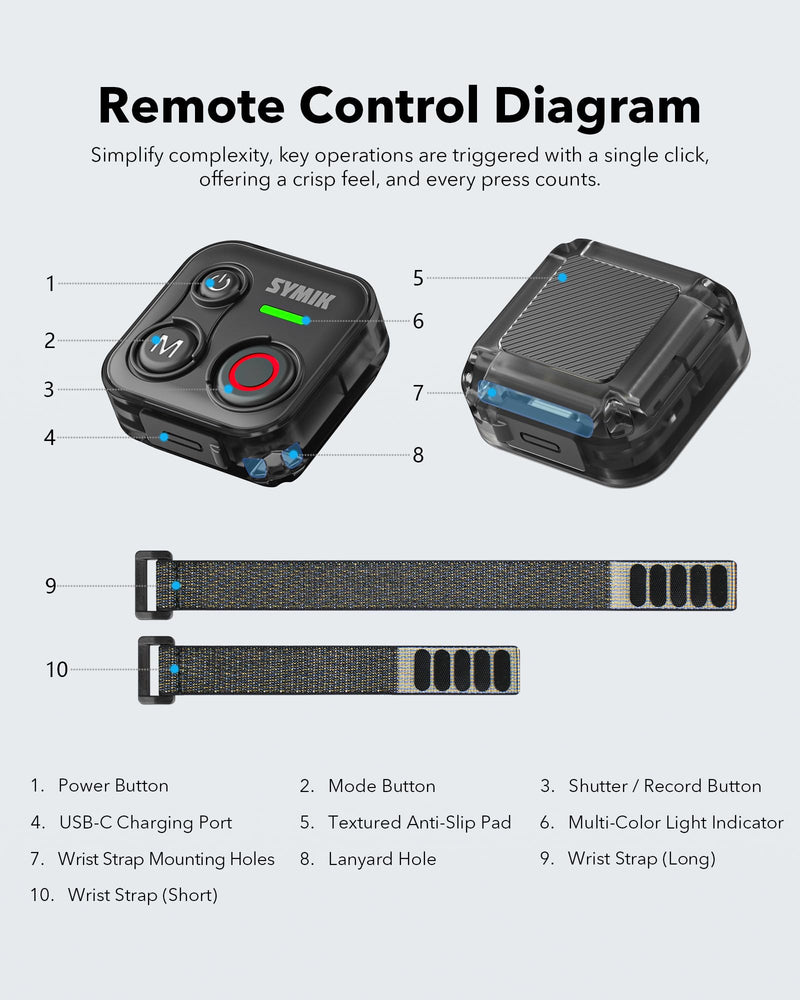 SYMIK Remote Control for Insta360, Bluetooth Remote for GoPro and DJI | Universal Shutter Remote Control for DJI Action Camera & Phone, Splash Resistance, Rechargeable, 230ft Range, 120-H Battery
