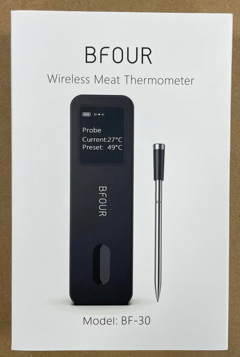 BFOUR Meat Thermometer Digital Wireless with LCD Booster, Bluetooth Food Cooking Thermometer with Smart App, 524FT Remote Range, 100% Waterproof & 752°F Heat Resistant Probe for BBQ Oven Grill Smoker Black