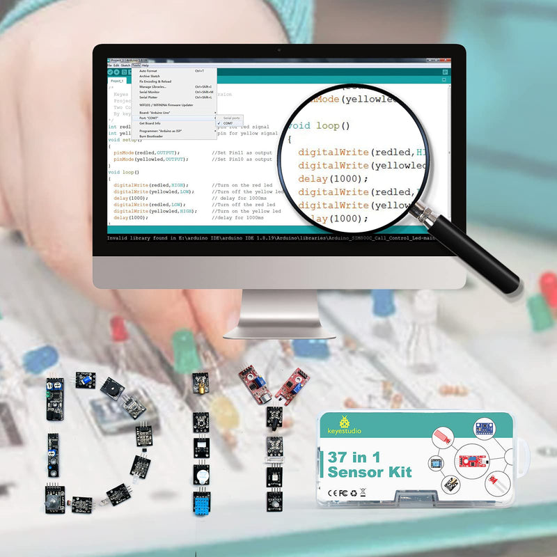 KEYESTUDIO 37 in 1 Sensor Kit for Arduino with Tutorial,Sensors Modules Compatible for Arduino and Raspberry Pi Programming,Active Buzzer/5V Relay/Temperature and Humidity Module etc.