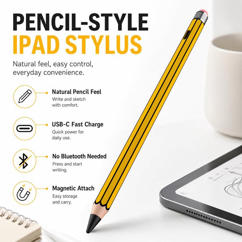 HATOKU Pencil Style Stylus Pen for Apple iPad 2018-2026, No Bluetooth Setup | 18-min Fast Charge for Notes, Sketching, and Class Tasks, Rubber End for Touchscreen Device, Tilt Sensitivity, Palm Rejection yellow black