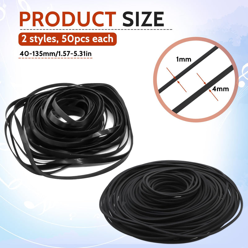 100 Pcs Recorder Rubber Belts Cassette Recorder Repair Maintenance Mix Flat Cassette Tape Machine Rubber Belts 40-135 mm Cassette Recorder Belts for DVD CD LD VCR Repeater Drives 1mm and 4mm Width