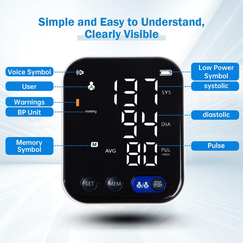 LCJ Blood Pressure Monitor for Home Use Upper Arm Blood Pressure Monitor BP Machine Sphygmomanometer with 2x120 Reading Memory Adjustable Arm Cuff 8.7"-12.6" Large Display with LED Background