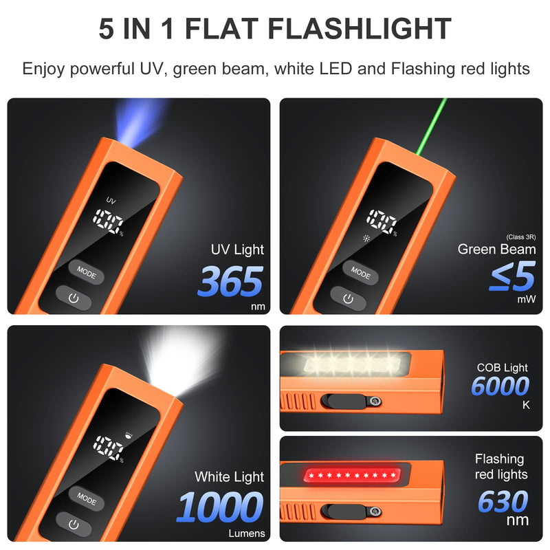 5-in-1 Rechargeable EDC Flat Flashlight, High Lumens Pocket Torch with White LED, Green, UV, Magnetic Base & Clip, Compact Flat Flashlight for Camping, Emergency, Work with Bag (Orange) Orange