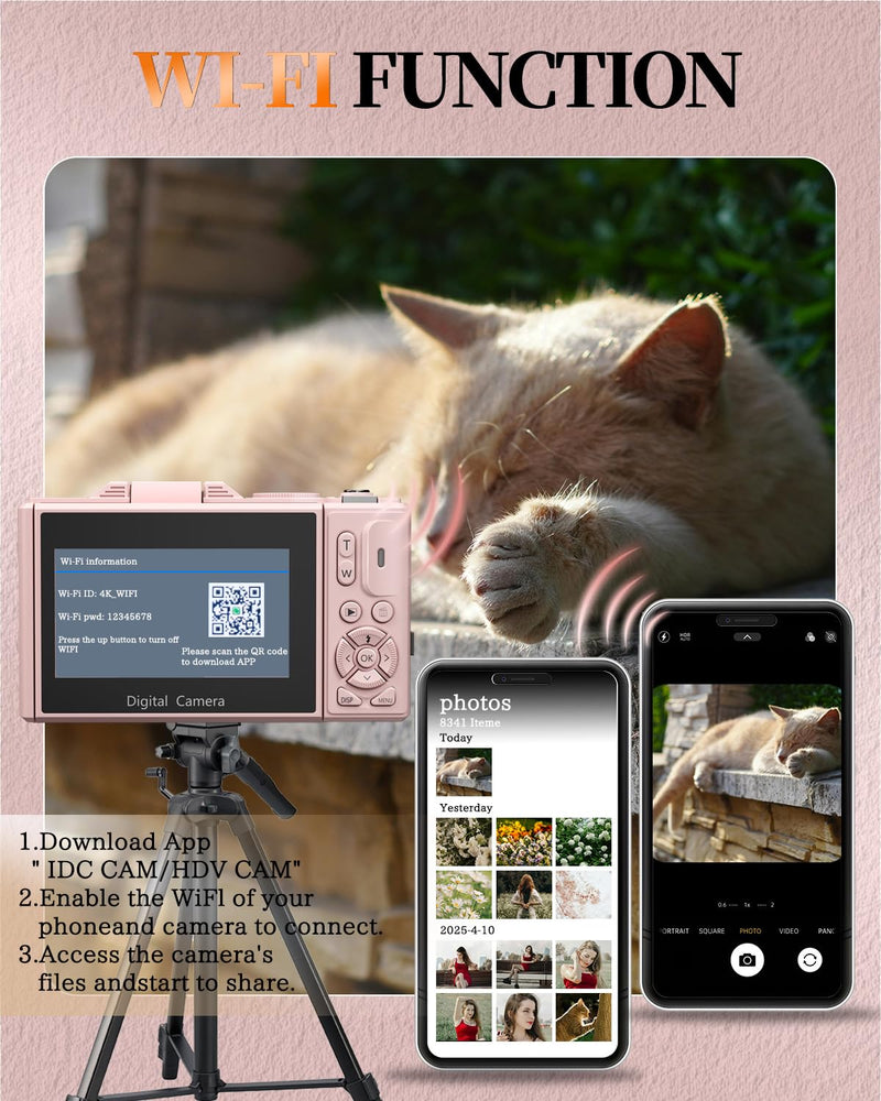 4K Digital Camera for Beginners & Teens, Compact Vlogging Camera with 180° Flip Screen, Autofocus, Easy-to-Use for Travel & YouTube, 18X Zoom, WiFi, 2 Batteries, 32GB Card Deep Pink